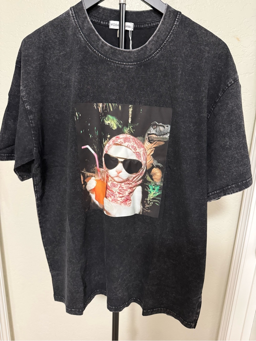 Black Graphic Tee with Cat in Sunglasses Print